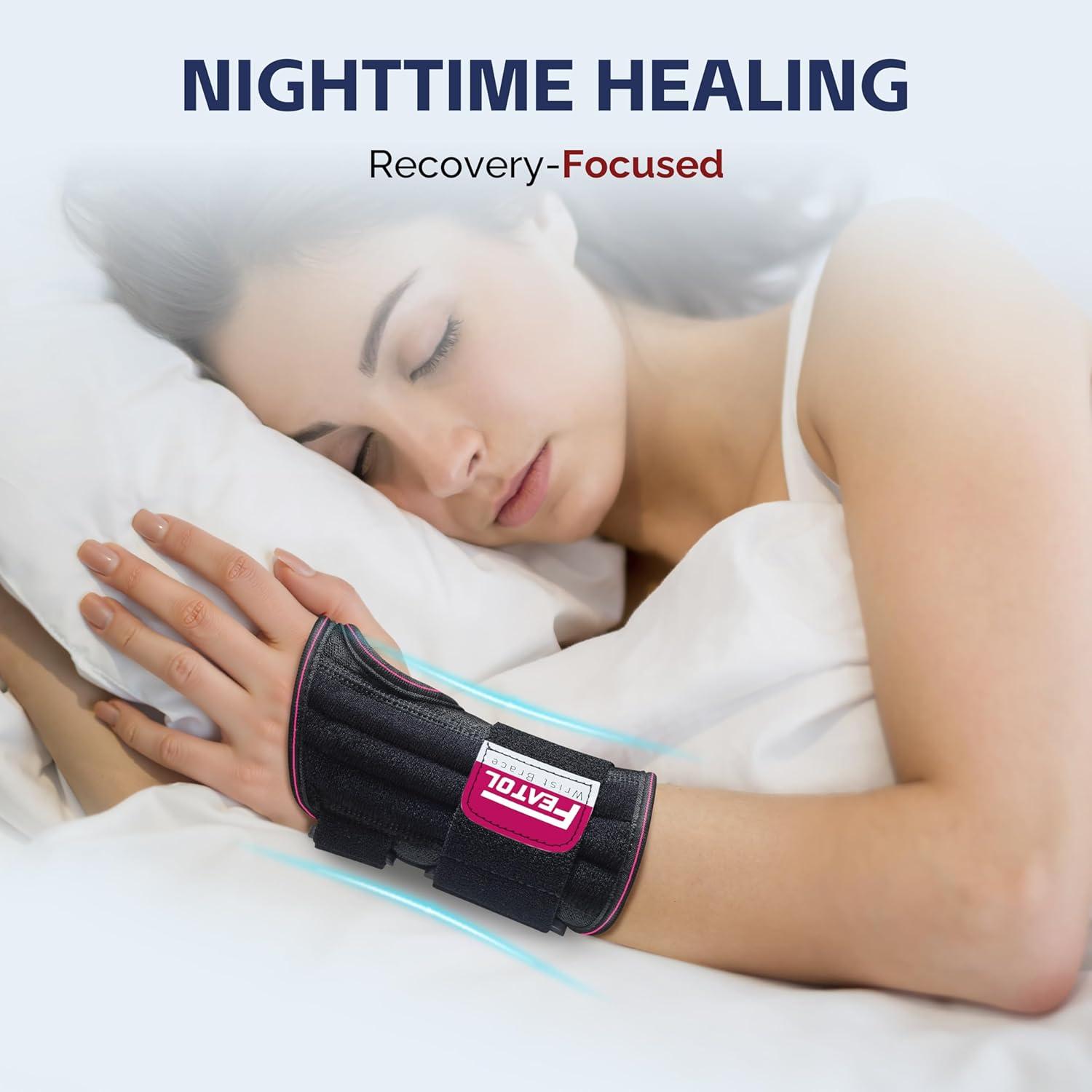 imageFEATOL 2 Pack Carpal Tunnel Wrist Brace For Work With Wrist Splint 65 Wrist Brace Night Support For Women Men Pain Relief For Tendonitis Arthritis Pregnancy Typing Right and Left Hand Medium2 Pack R and LPink