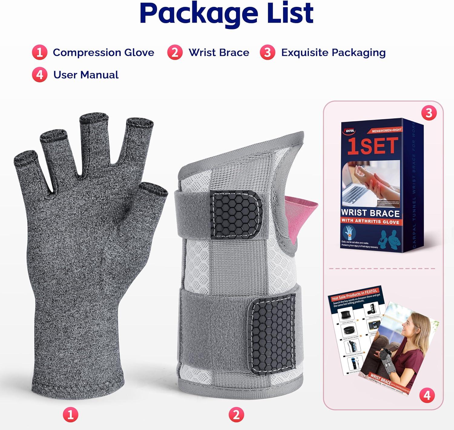 imageFEATOL Compression Arthritis Glove with Wrist Brace Comfortable Fingerless Carpal Tunnel Hand Gloves for Women Night Support Pain Relief for Rheumatoid Arthritis Work Typing  Right Hand MediumLarge