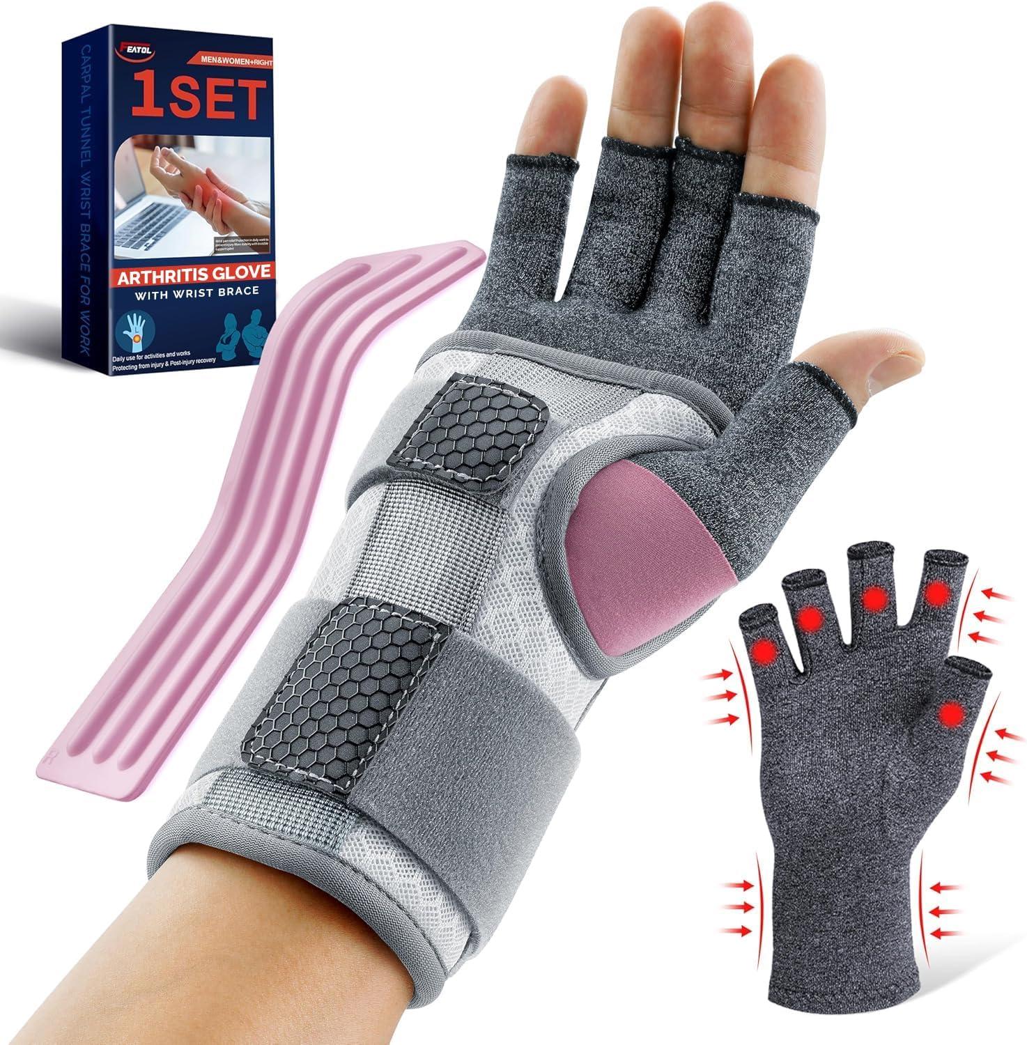 imageFEATOL Compression Arthritis Glove with Wrist Brace Comfortable Fingerless Carpal Tunnel Hand Gloves for Women Night Support Pain Relief for Rheumatoid Arthritis Work Typing  Right Hand MediumMedium