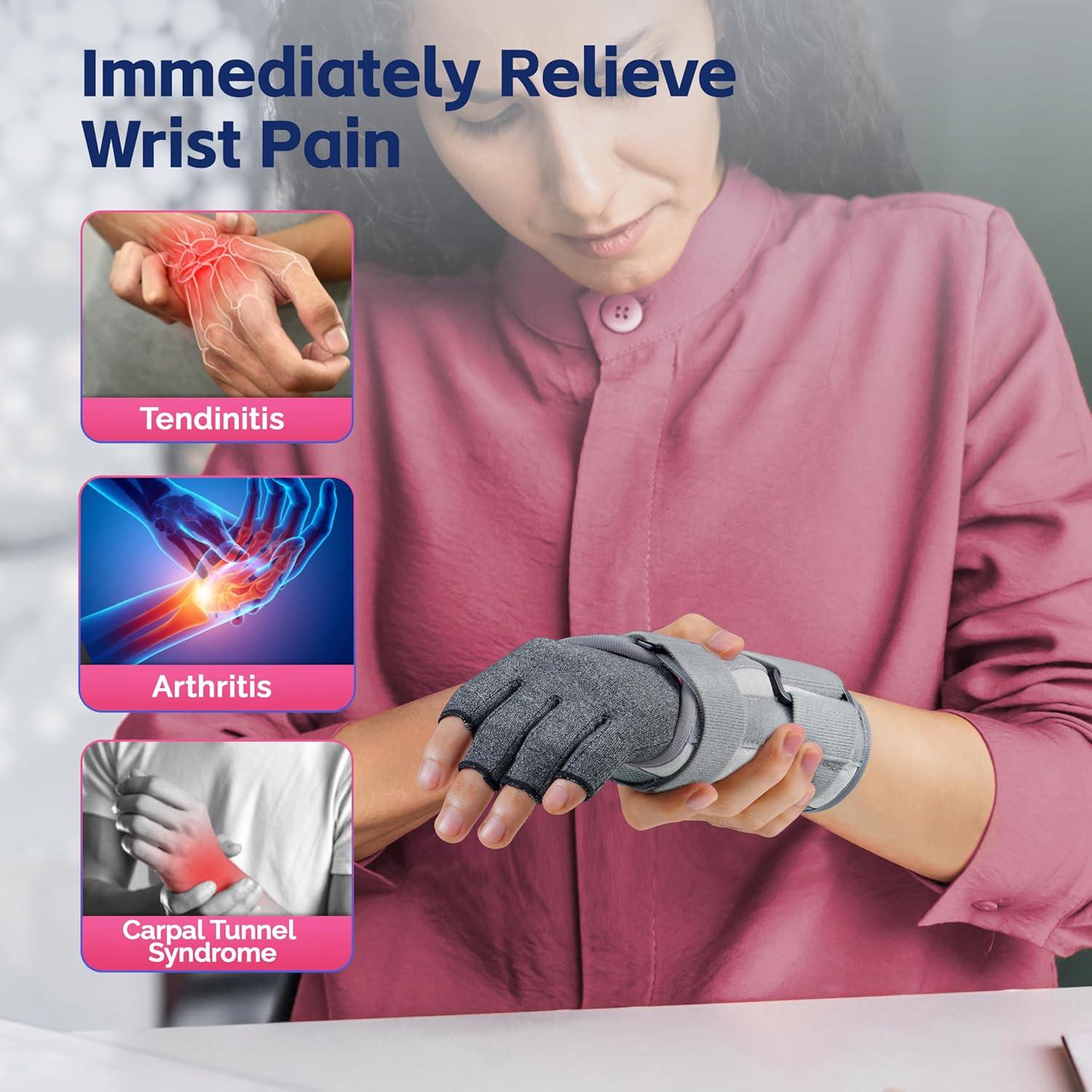 imageFEATOL Compression Arthritis Glove with Wrist Brace Comfortable Fingerless Carpal Tunnel Hand Gloves for Women Night Support Pain Relief for Rheumatoid Arthritis Work Typing  Right Hand MediumMedium