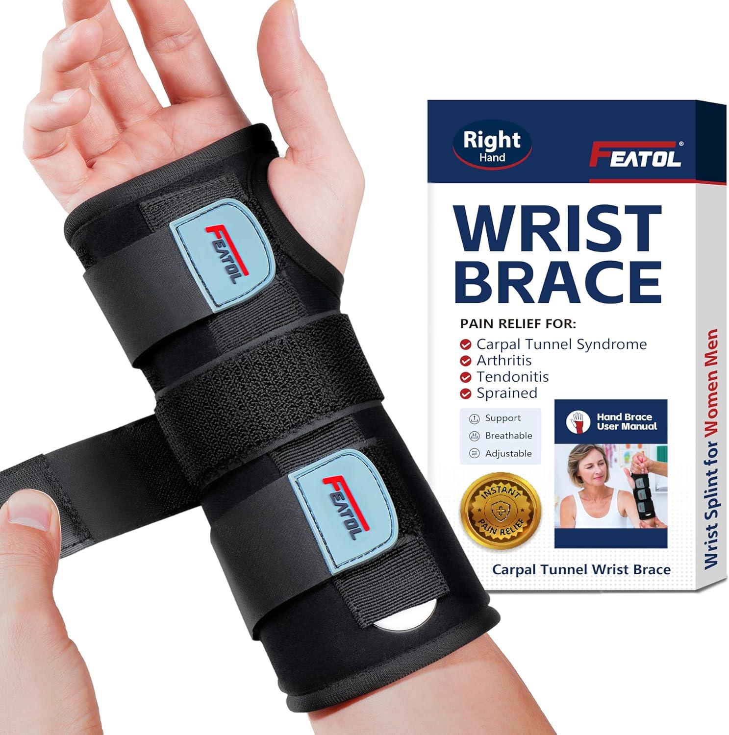 imageFEATOL Wrist Brace Hand Brace Carpal Tunnel Wrist Splint Night Support for Women Men Pain Relief Support Tendonitis Arthritis Sprain Right Hand SmallMediumMediumLarge Pack of 1