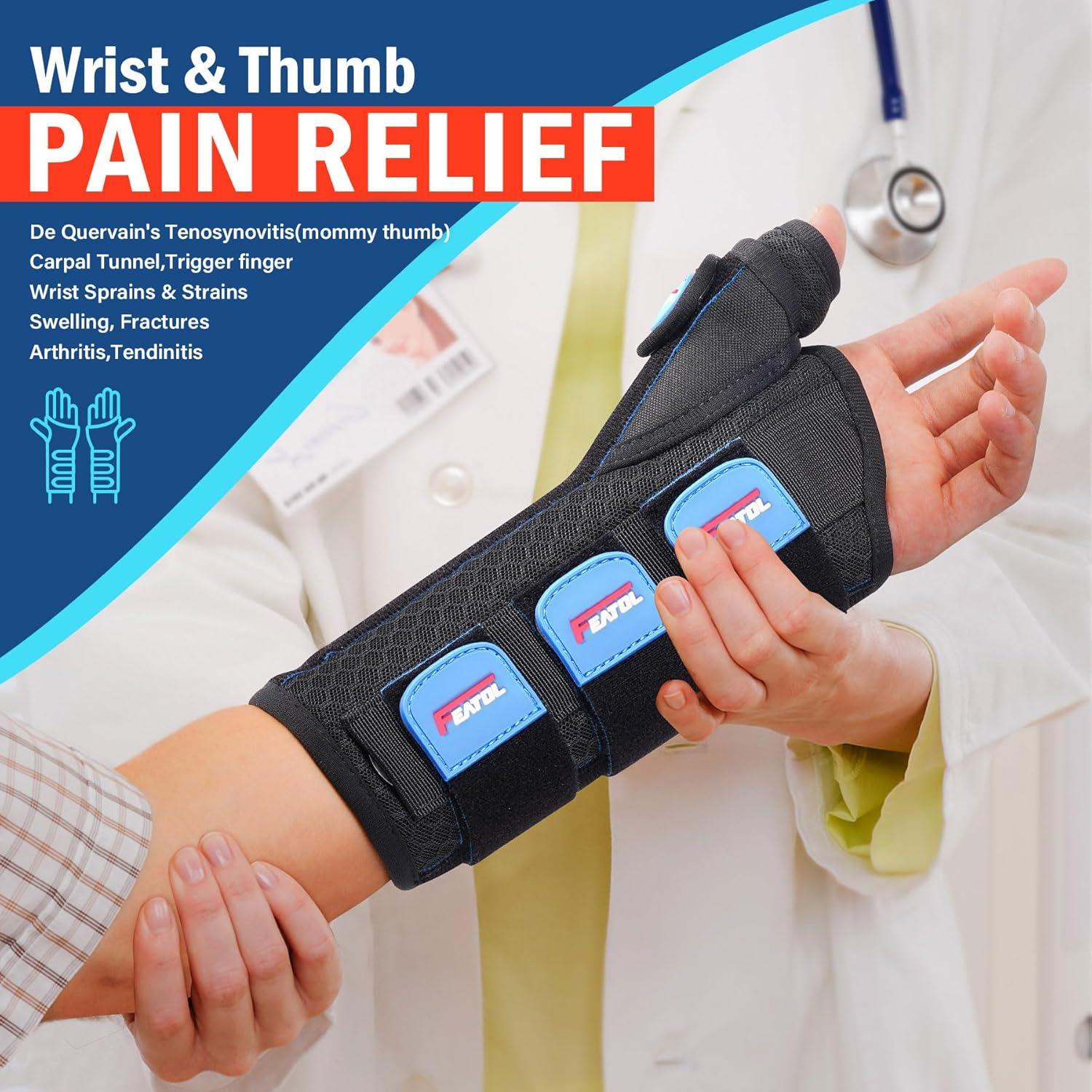 imageFEATOL 2 Pack Wrist Brace with Thumb Spica Splint for De Quervains Tenosynovitis Carpal Tunnel Tendonitis ArthritisThumb Brace for Pain ReliefLeft And Right HandMediumLargeBlack Blue