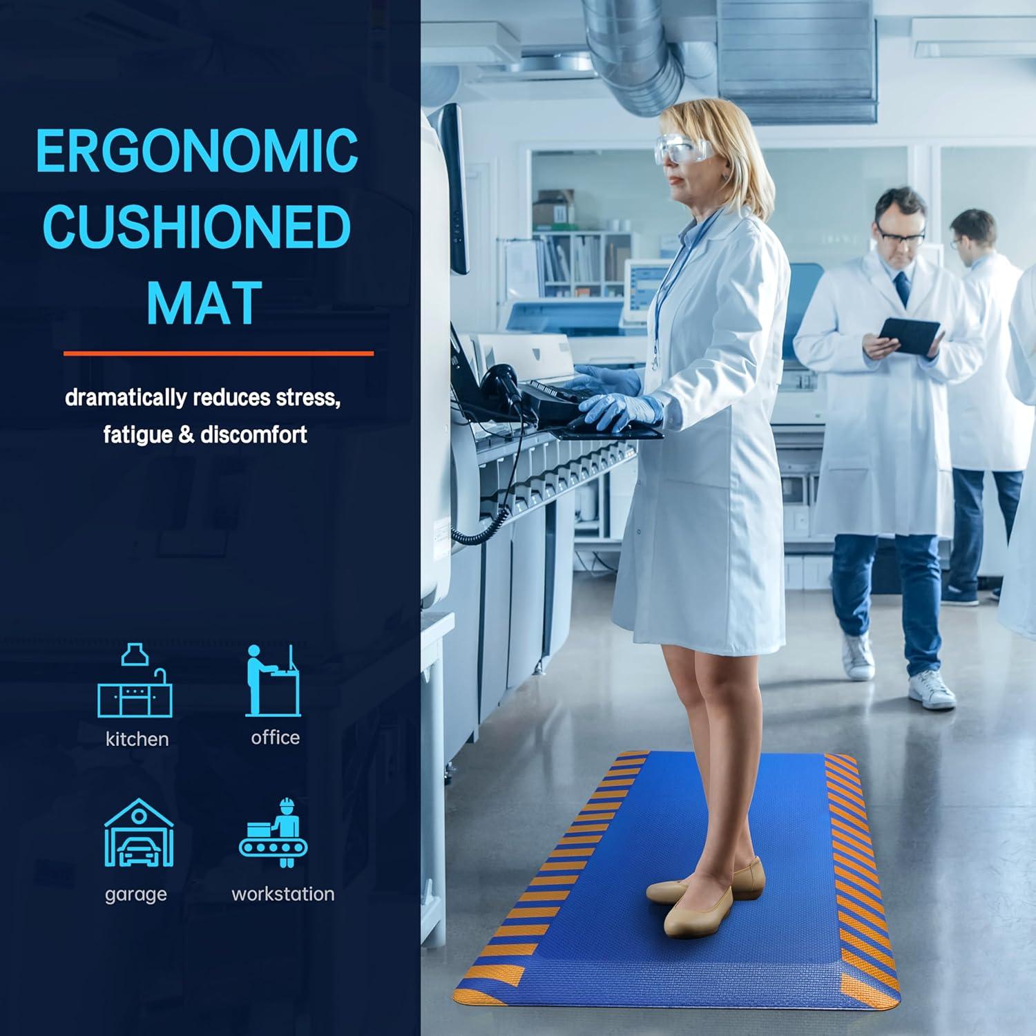 imageFEATOL Anti Fatigue Mat Industrial Ergonomic Standing Floor Mat for Work for Stand Black with Yellow Border Safety 20quot x 39quotSupport for Leg ampamp Back PainBlue With Yellow Border