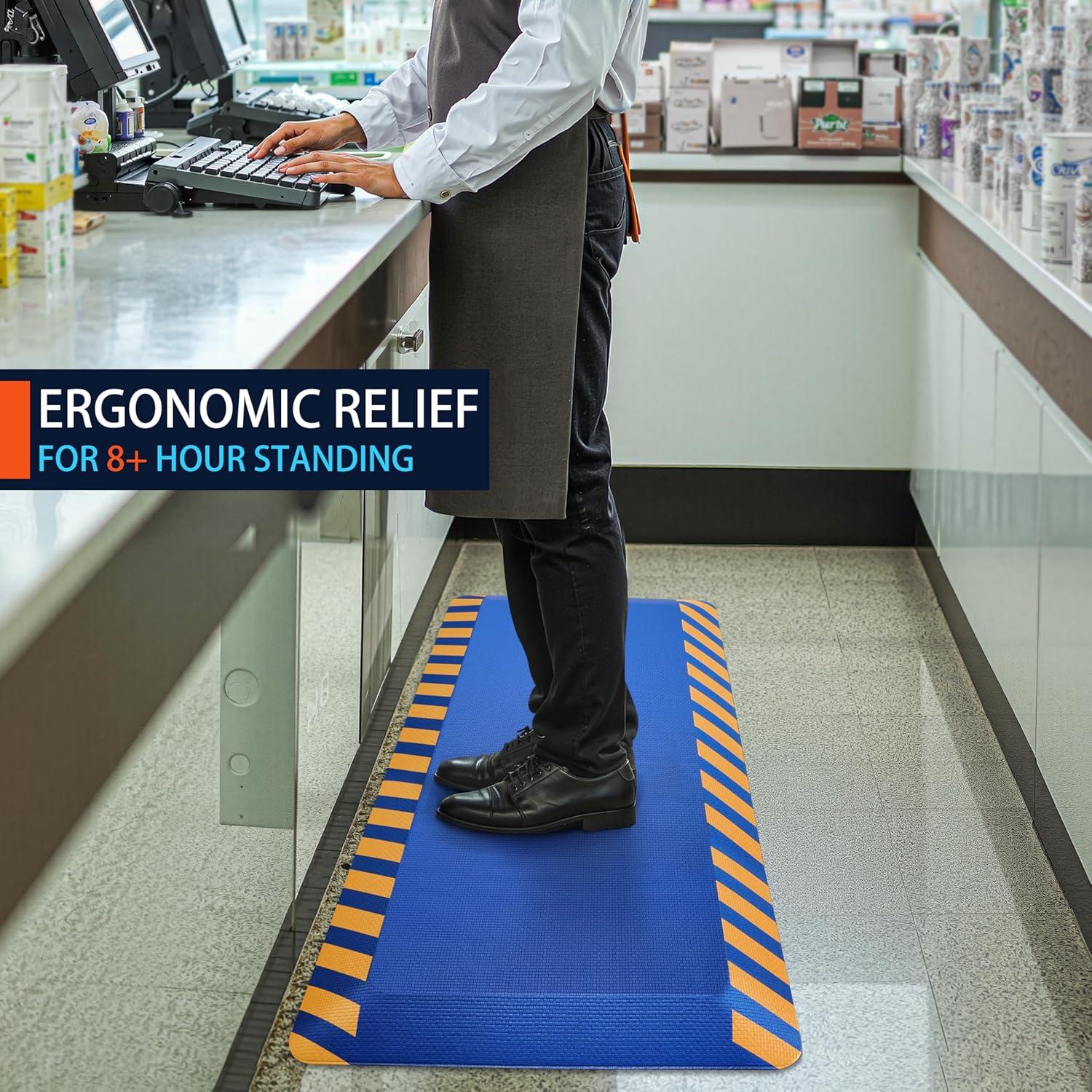 imageFEATOL Anti Fatigue Mat Industrial Ergonomic Standing Floor Mat for Work for Stand Black with Yellow Border Safety 20quot x 39quotSupport for Leg ampamp Back PainBlue With Yellow Border