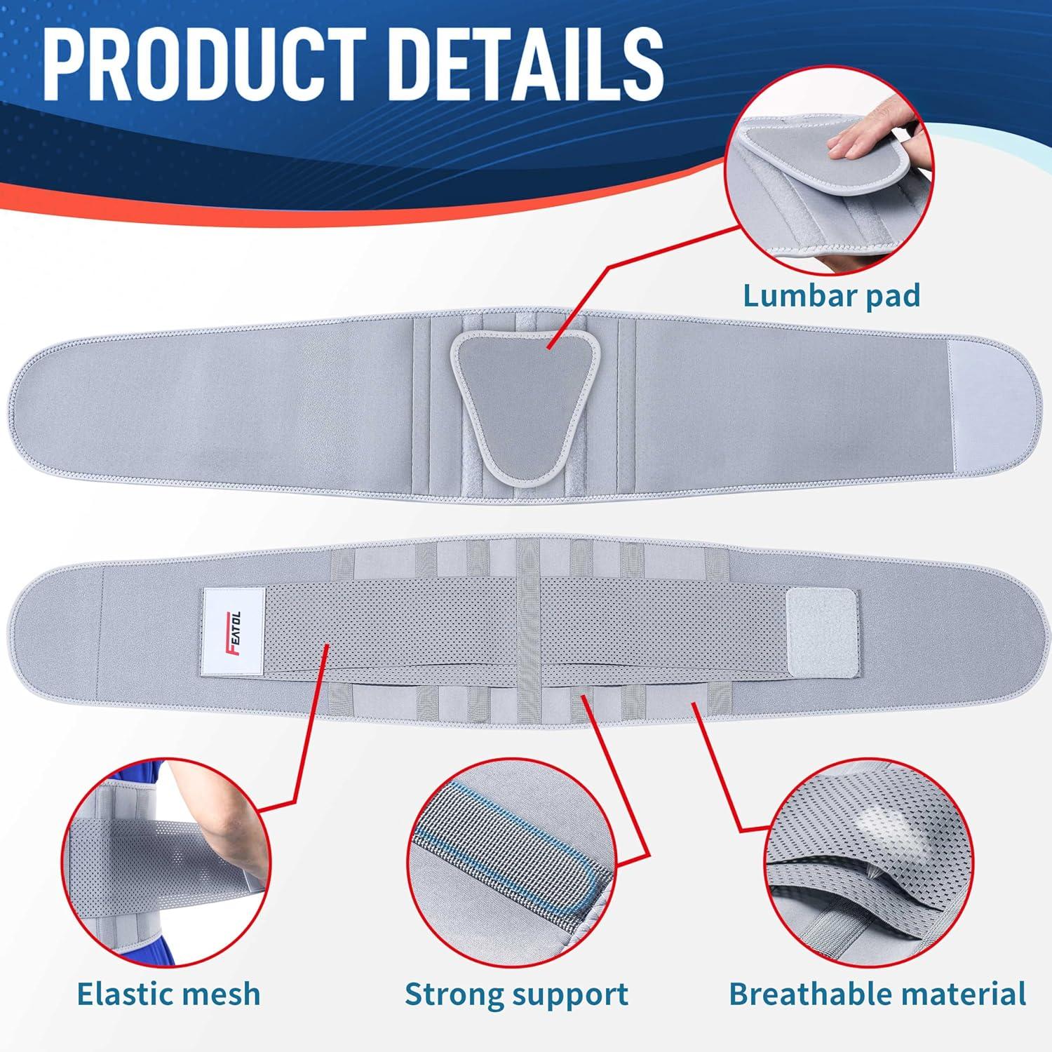 imageFEATOL Back Brace Support BeltLumbar Support Back Brace for Back Pain Sciatica Scoliosis Herniated Disc Adjustable Support StrapsLower Back Brace with Removable Lumbar Pad for Men ampamp WomenGrey