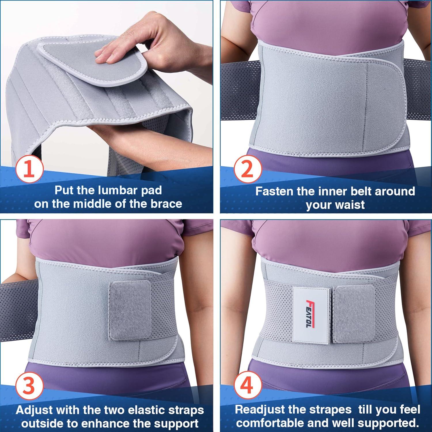 imageFEATOL Back Brace Support BeltLumbar Support Back Brace for Back Pain Sciatica Scoliosis Herniated Disc Adjustable Support StrapsLower Back Brace with Removable Lumbar Pad for Men ampamp WomenGrey