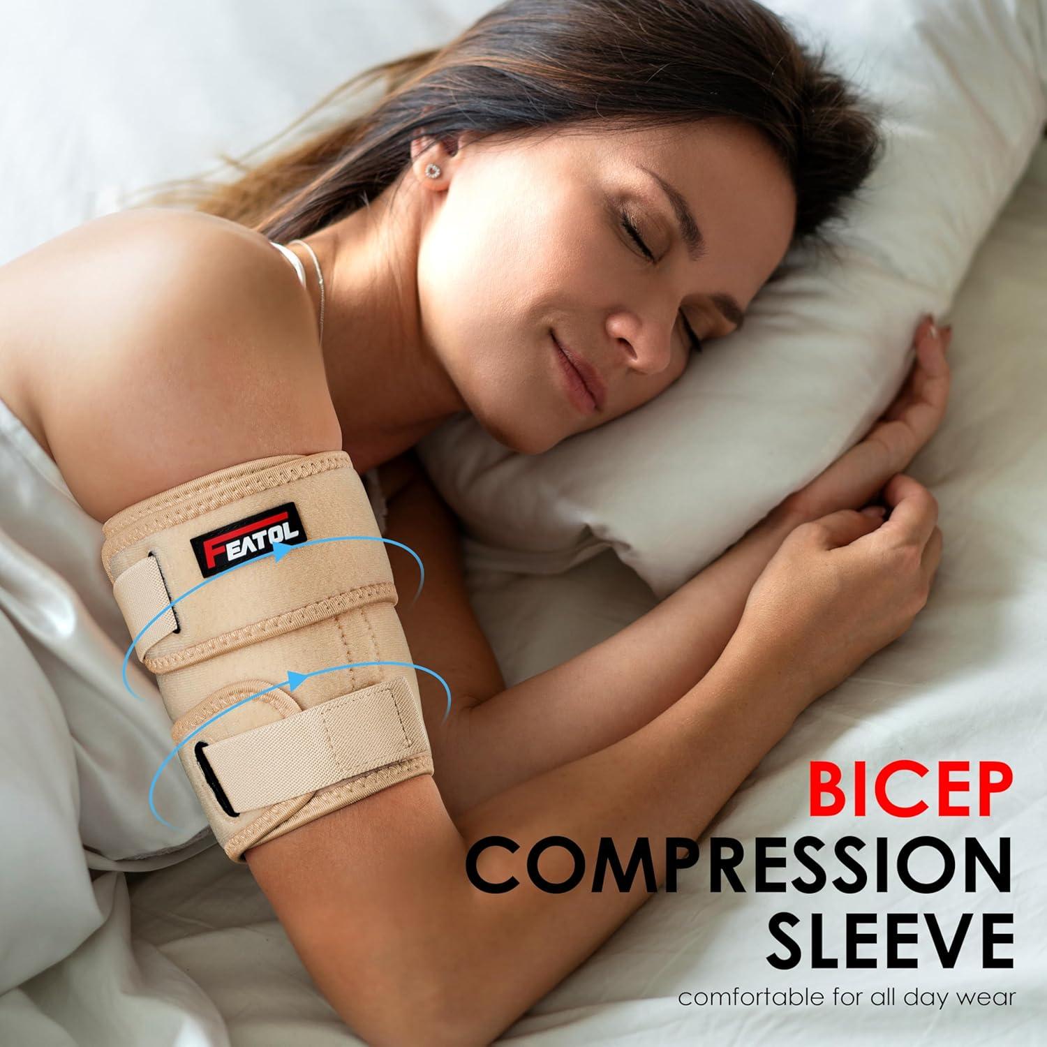 imageFEATOL Bicep Tendonitis Brace with 2 Gel Ice Packs Upper Arm Brace Tricep Compression Sleeve Support Hot ampamp Cold Therapy for Men and Women Pain Relief for Muscle StrainsInflammation Black with 2 ice packs LargeBeige with 2 ice packs