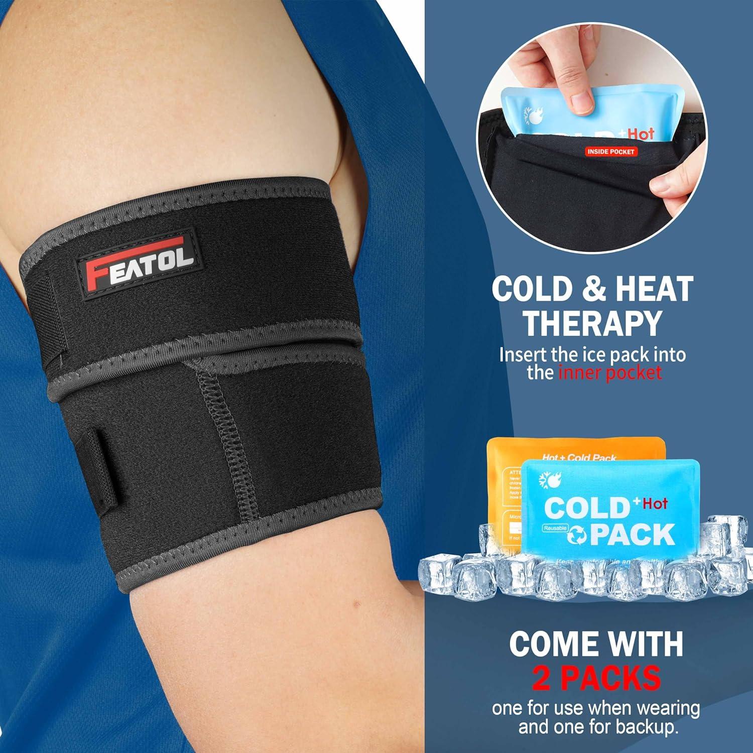 imageFEATOL Bicep Tendonitis Brace with 2 Gel Ice Packs Upper Arm Brace Tricep Compression Sleeve Support Hot ampamp Cold Therapy for Men and Women Pain Relief for Muscle StrainsInflammation Black with 2 ice packs LargeBlack with 2 ice packs