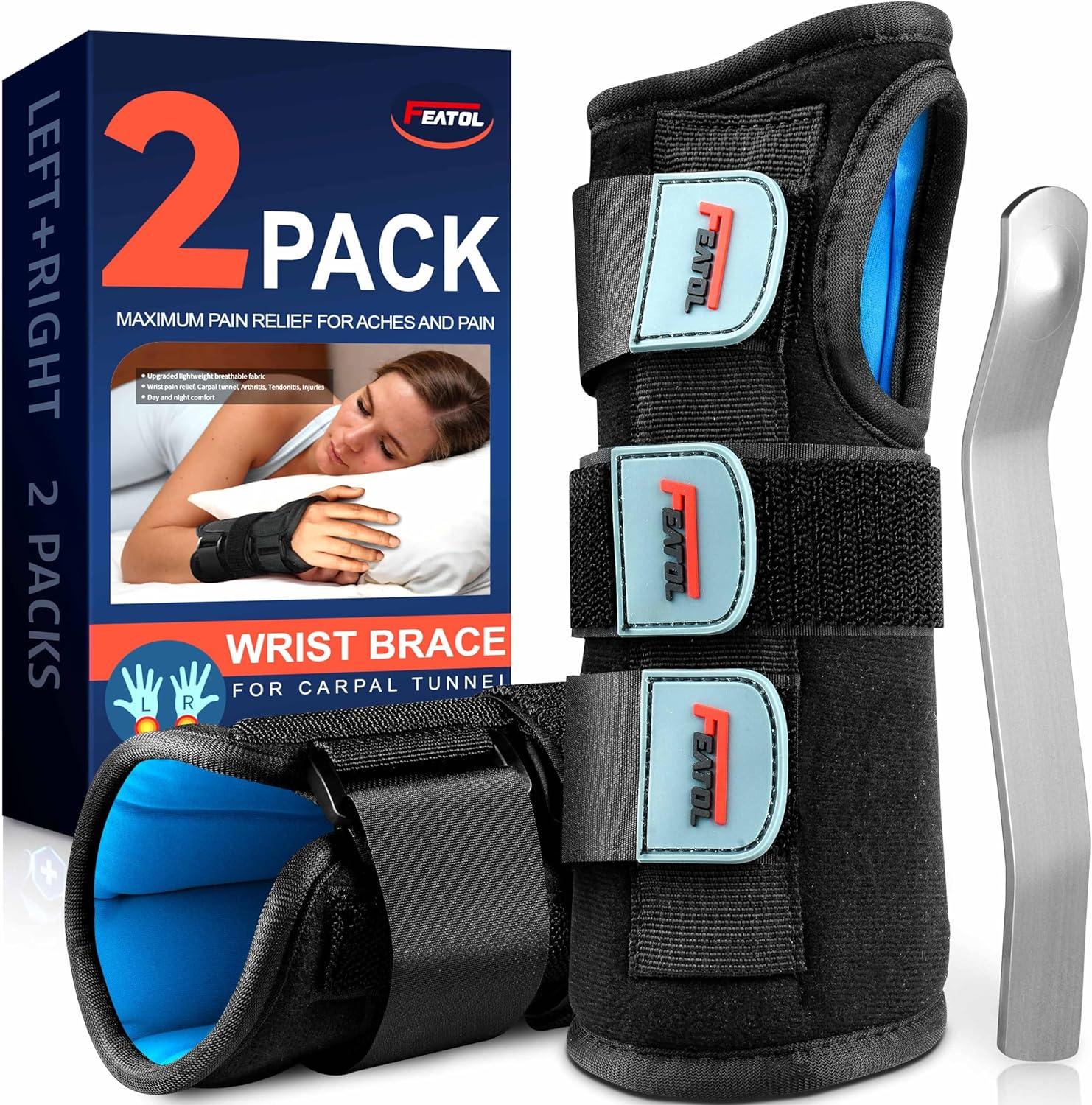 imageFEATOL Carpal Tunnel Wrist Brace Night Support 2 Pack  Wrist Splint for Pain Relief Tendonitis Sprained Arthritis  Metal Splint Stabilizer With Hand Brace FOR Sleeping Women Men RightampampLeftMLSmallMedium Pack of 1