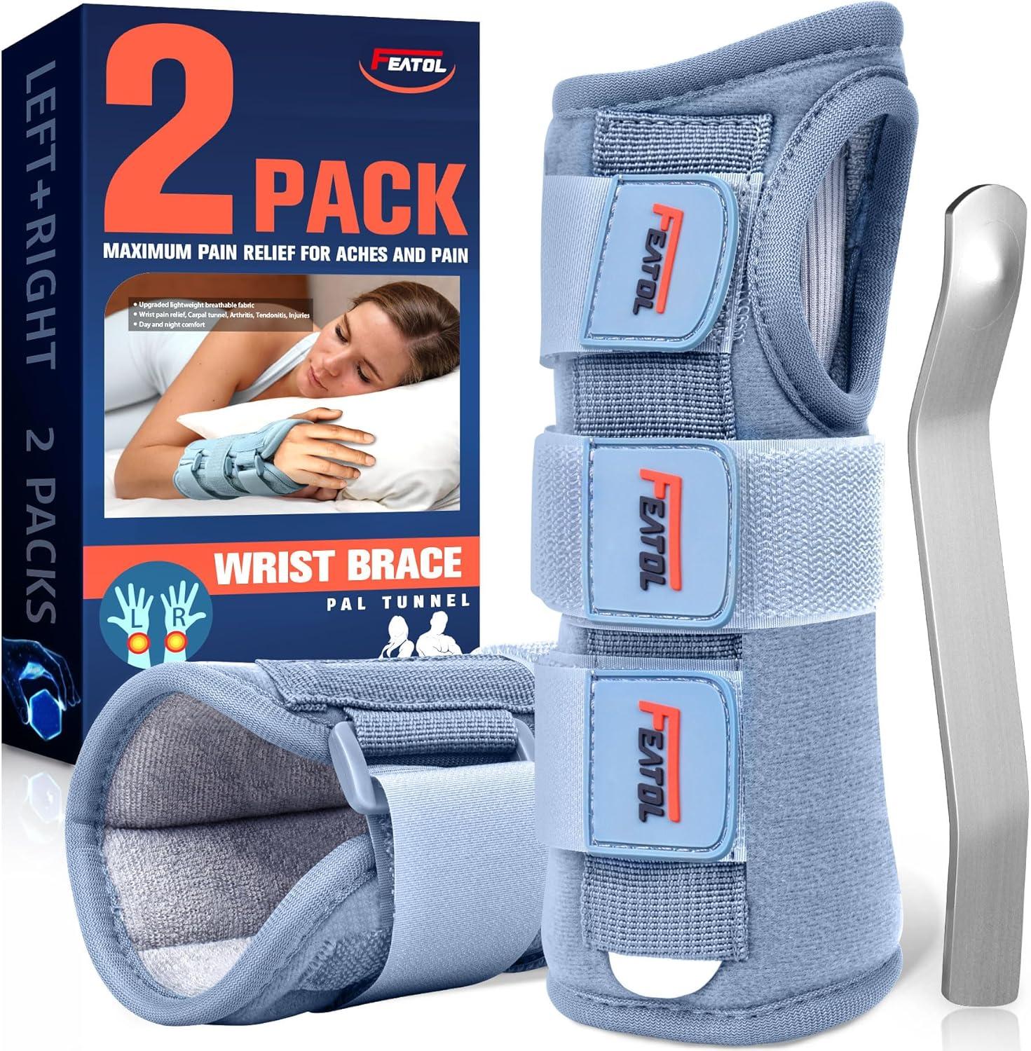 imageFEATOL Carpal Tunnel Wrist Brace Night Support 2 Pack  Wrist Splint for Pain Relief Tendonitis Sprained Arthritis  Metal Splint Stabilizer With Hand Brace FOR Sleeping Women Men RightampampLeftMLSmallMedium Pack of 1