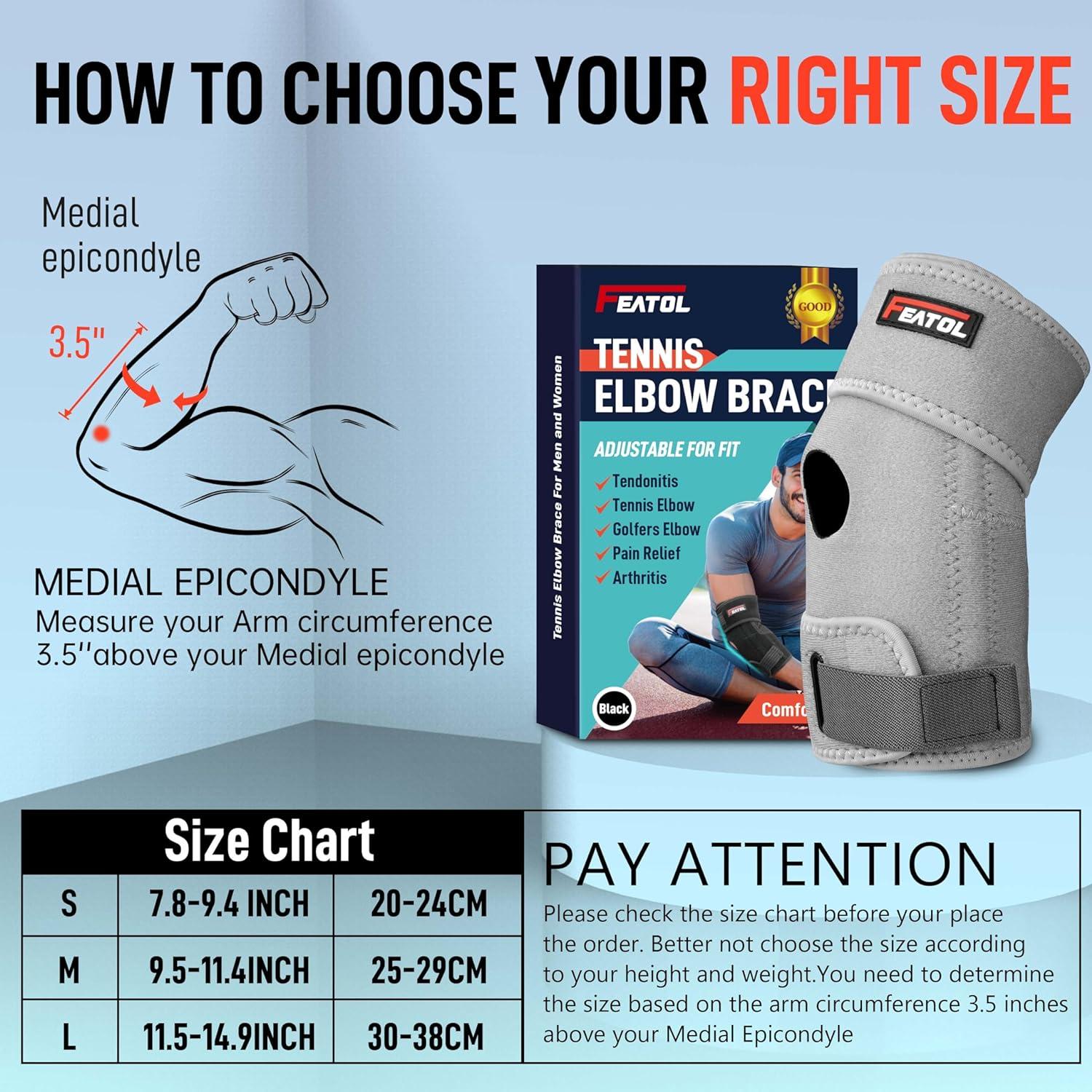 imageFEATOL Elbow Brace for Tendonitis and Tennis Adjustable Golfers Elbow Brace for Men and Women Pain Relief for Cubital Tunnel Syndrome Bursitis Ulnar Nerve Entrapment Black MediumGray