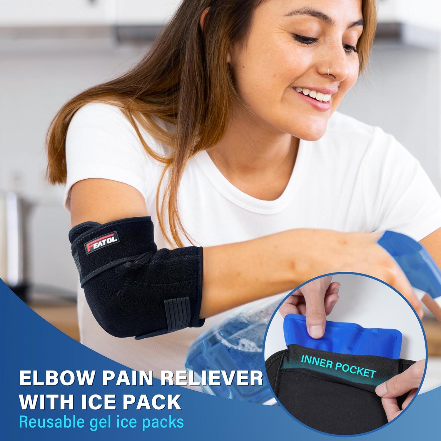 imageFEATOL Elbow Brace with Ice Pack for Tendonitis and Tennis ElbowPain Relief for Cubital Tunnel Ulnar Nerve Entrapment BursitisReusable Ice Pack Brace for Men and Women MediumSmall