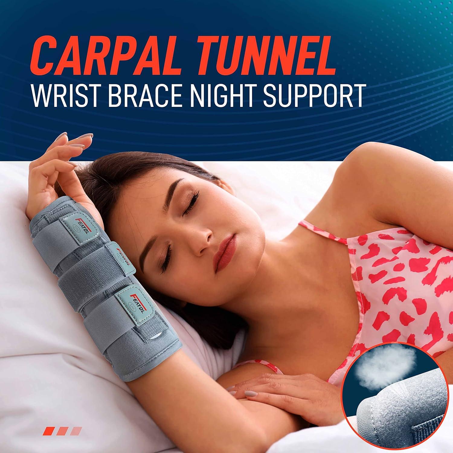 imageFEATOL Wrist Brace Carpal Tunnel Night Support Brace with Wrist Splint Adjustable Straps HotIce Pack for Women and Men Right Hand MediumLarge Tendinitis Arthritis Pain ReliefXSmall Pack of 1