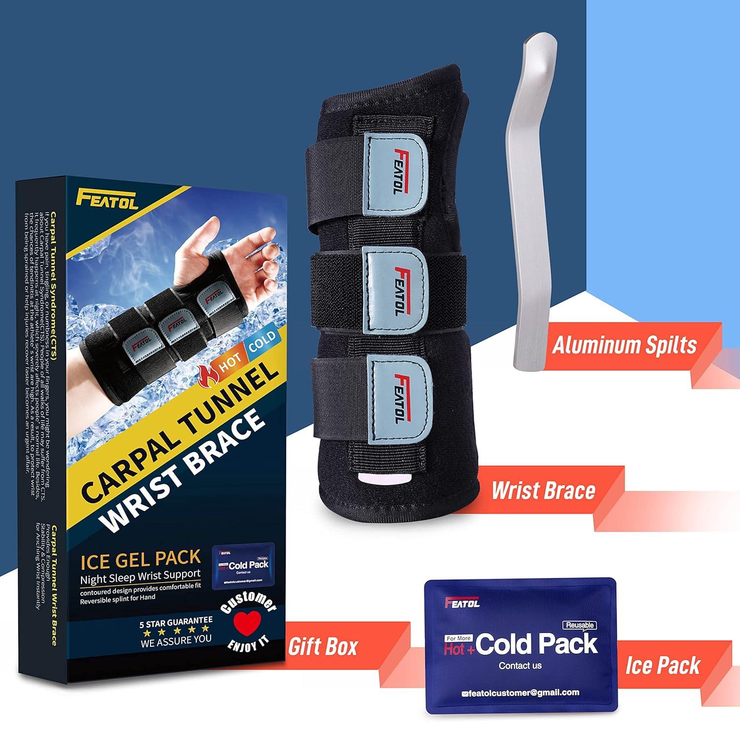 imageFEATOL Wrist Brace Carpal Tunnel Night Support Brace with Wrist Splint Adjustable Straps HotIce Pack for Women and Men Right Hand MediumLarge Tendinitis Arthritis Pain ReliefSmallMedium Pack of 1
