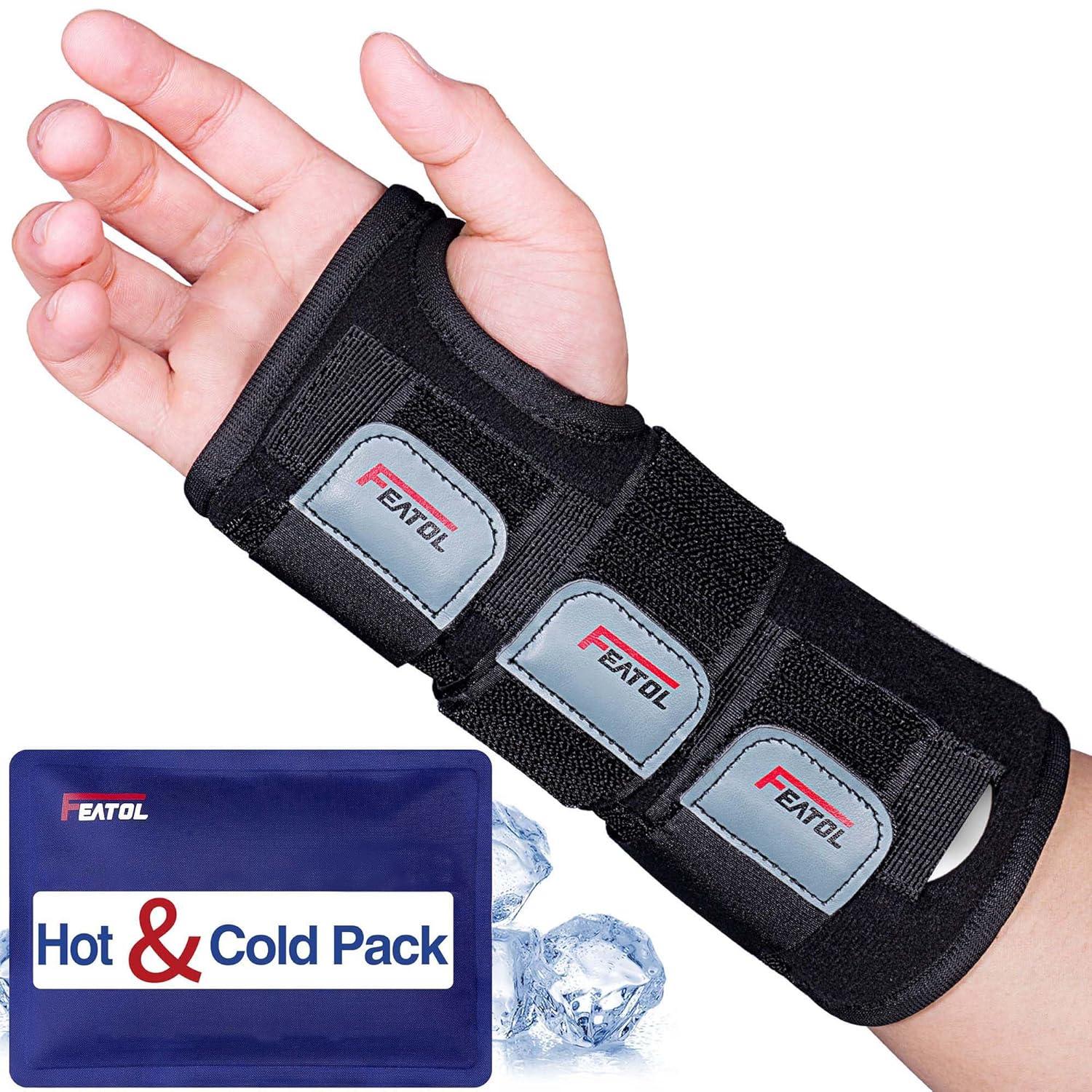 imageFEATOL Wrist Brace Carpal Tunnel Night Support Brace with Wrist Splint Adjustable Straps HotIce Pack for Women and Men Right Hand MediumLarge Tendinitis Arthritis Pain ReliefXSmall Pack of 1