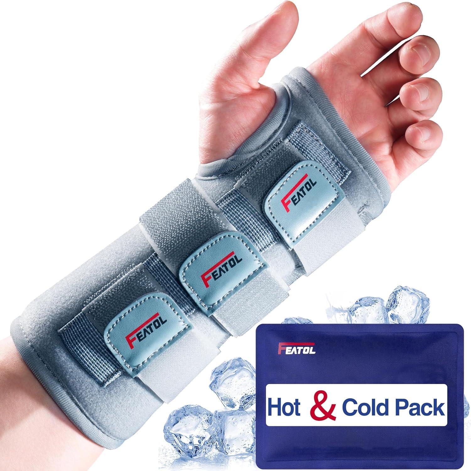 imageFEATOL Wrist Brace Carpal Tunnel Night Support Brace with Wrist Splint Adjustable Straps HotIce Pack for Women and Men Right Hand MediumLarge Tendinitis Arthritis Pain ReliefXSmall Pack of 1