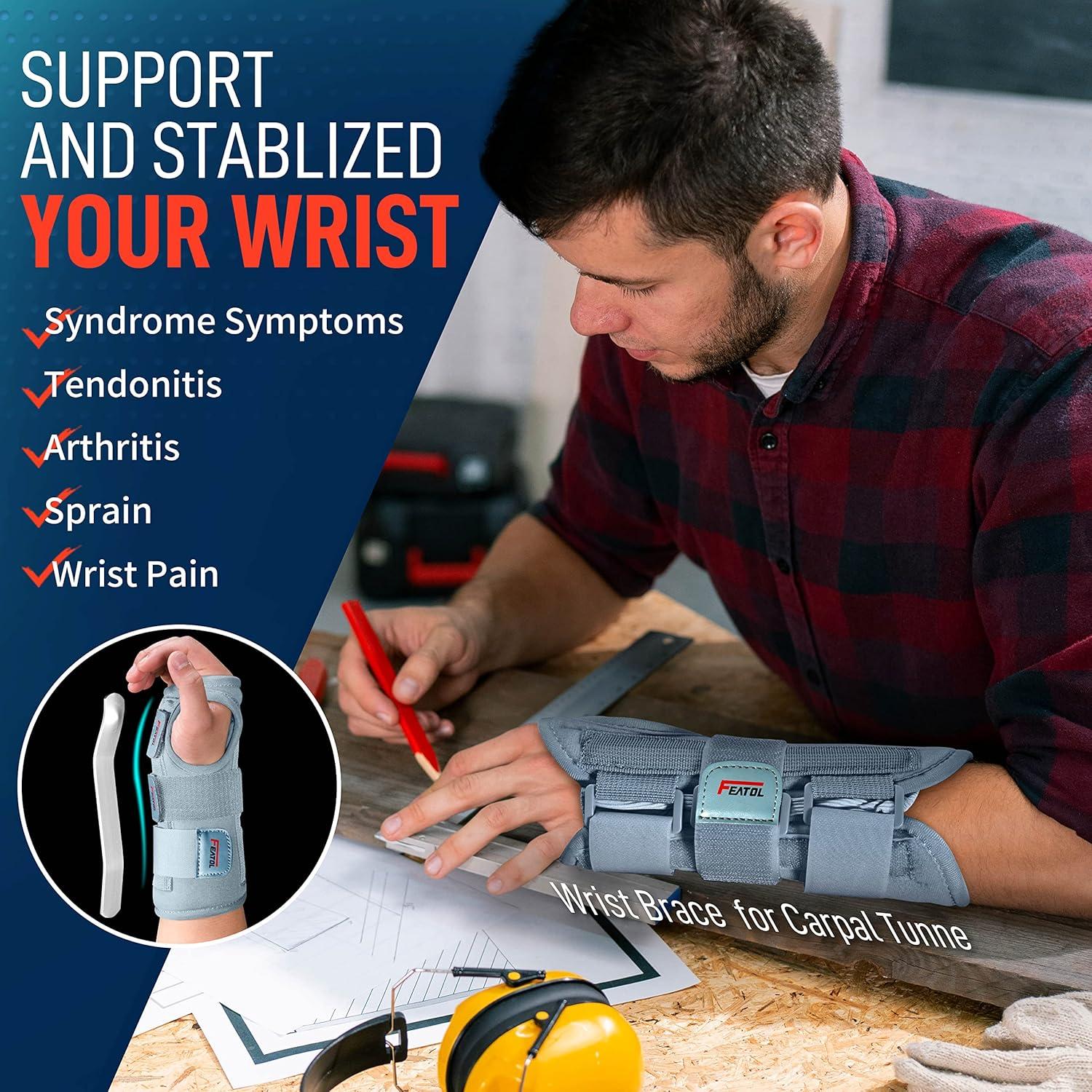 imageFEATOL Wrist Brace Carpal Tunnel Night Support Brace with Wrist Splint Adjustable Straps HotIce Pack for Women and Men Right Hand MediumLarge Tendinitis Arthritis Pain ReliefXSmall Pack of 1