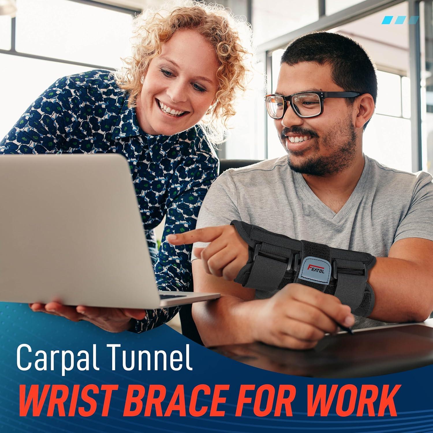 imageFEATOL Wrist Brace Carpal Tunnel Night Support Brace with Wrist Splint Adjustable Straps HotIce Pack for Women and Men Right Hand MediumLarge Tendinitis Arthritis Pain ReliefMediumLarge Pack of 1