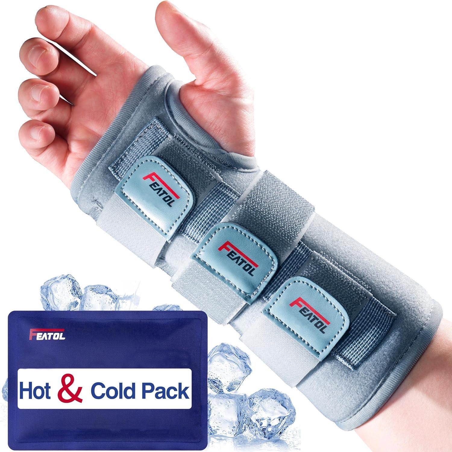imageFEATOL Wrist Brace Carpal Tunnel Night Support Brace with Wrist Splint Adjustable Straps HotIce Pack for Women and Men Right Hand MediumLarge Tendinitis Arthritis Pain ReliefXSmall Pack of 1