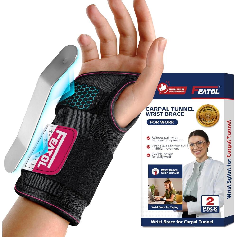 imageFEATOL 2 Pack Carpal Tunnel Wrist Brace For Work With Wrist Splint 65 Wrist Brace Night Support For Women Men Pain Relief For Tendonitis Arthritis Pregnancy Typing Right and Left Hand Medium2 Pack R and LPink