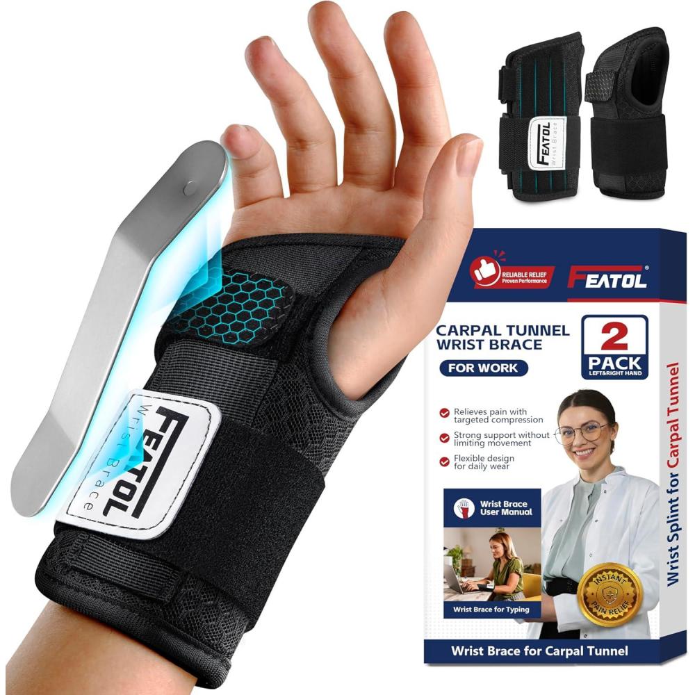 imageFEATOL 2 Pack Carpal Tunnel Wrist Brace For Work With Wrist Splint 65 Wrist Brace Night Support For Women Men Pain Relief For Tendonitis Arthritis Pregnancy Typing Right and Left Hand Medium2 Pack R and LBlack