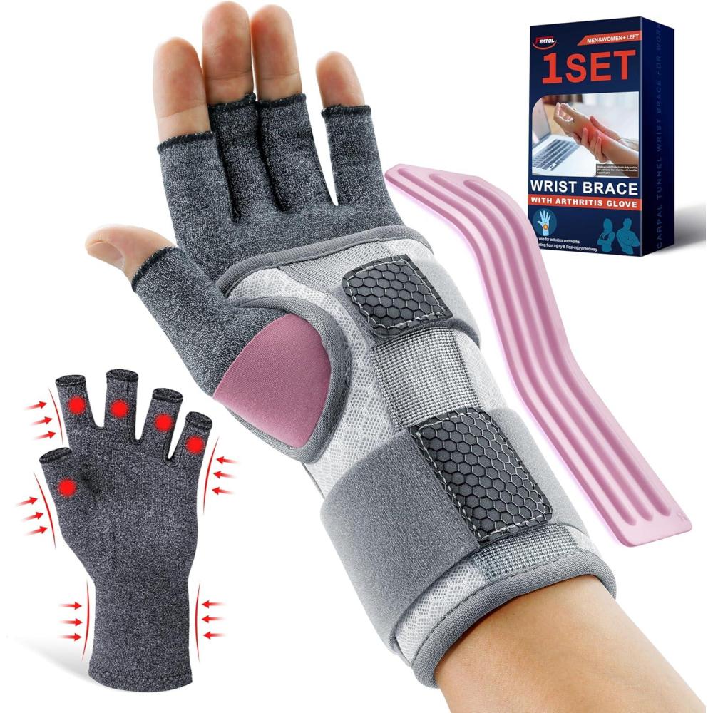 imageFEATOL Compression Arthritis Glove with Wrist Brace Comfortable Fingerless Carpal Tunnel Hand Gloves for Women Night Support Pain Relief for Rheumatoid Arthritis Work Typing  Right Hand MediumLarge
