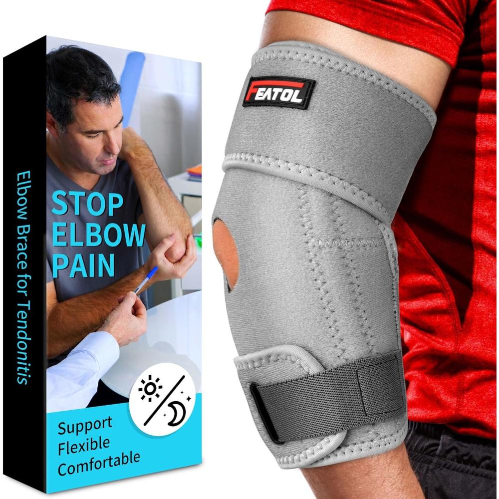 imageFEATOL Elbow Brace for Tendonitis and Tennis Adjustable Golfers Elbow Brace for Men and Women Pain Relief for Cubital Tunnel Syndrome Bursitis Ulnar Nerve Entrapment Black MediumGray