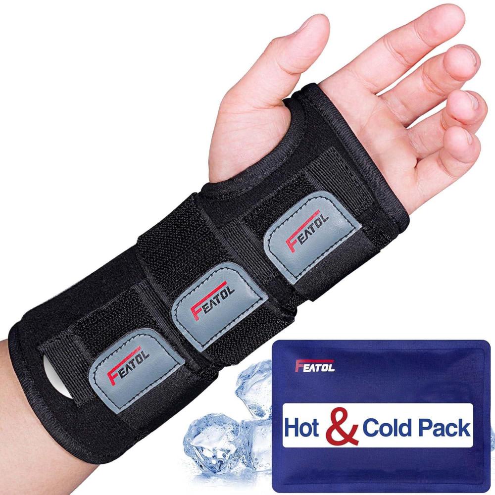 imageFEATOL Wrist Brace Carpal Tunnel Night Support Brace with Wrist Splint Adjustable Straps HotIce Pack for Women and Men Right Hand MediumLarge Tendinitis Arthritis Pain ReliefXSmall Pack of 1