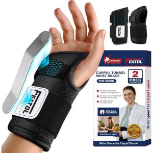 imageFEATOL 2 Pack Carpal Tunnel Wrist Brace For Work With Wrist Splint 65 Wrist Brace Night Support For Women Men Pain Relief For Tendonitis Arthritis Pregnancy Typing Right and Left Hand Medium2 Pack R and LBlack