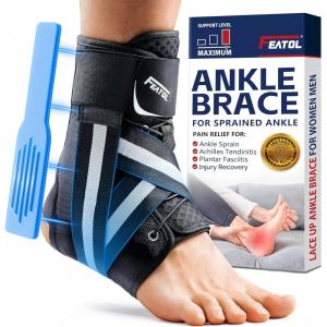 imageFEATOL Ankle Brace for Sprained Ankle Adjustable ampamp Comfortable Lace Up Support Stabilizer for Women Men with 2 Side Splints Relief for Sprain Injury Recovery Achilles Large13142XSmall