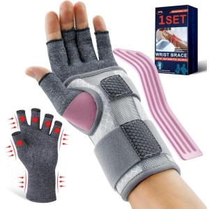 imageFEATOL Compression Arthritis Glove with Wrist Brace Comfortable Fingerless Carpal Tunnel Hand Gloves for Women Night Support Pain Relief for Rheumatoid Arthritis Work Typing  Right Hand MediumSmall