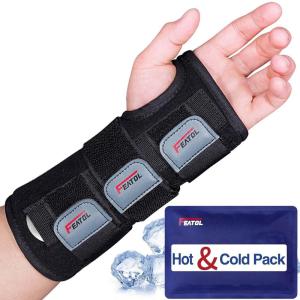 imageFEATOL Wrist Brace Carpal Tunnel Night Support Brace with Wrist Splint Adjustable Straps HotIce Pack for Women and Men Right Hand MediumLarge Tendinitis Arthritis Pain ReliefMediumLarge Pack of 1